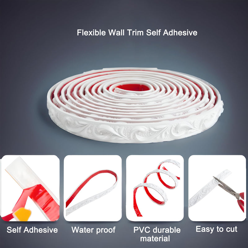 Revamp Home Decor with Self-Adhesive Flexible Wall Molding & Trim 16.5Feet x 0.8 inch - Peel and Stick Border Strips with 3D Embossed, Ideal for Bathroom Borders, Mirror Frames and More (White) White