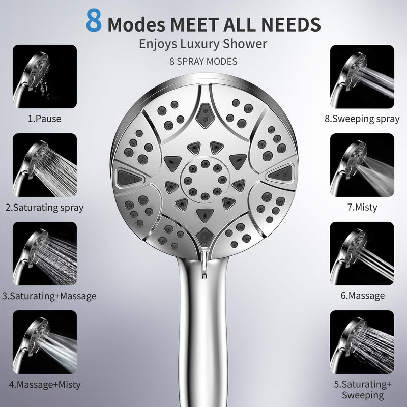 High Pressure 8-mode 5'' Handheld Shower Head with 5 ft Stainless Steel Hose and Adjustable Bracket, Built-in Power Wash to Clean Tub, Clean Corner,Tile & Pets Silver