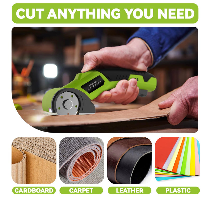 Cordless Electric Scissors,4V Rechargeable Cardboard Cutter Heavy Duty Scissor with Safety Lock & LED Light for Box Carpet Plastic Fabric(Green)