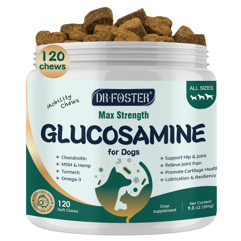 Glucosamine for Dogs, Hip and Joint Supplement for Dogs with Chondroitin, MSM, Turmeric, Omega-3 & Calcium, Dog Glucosamine Supports Pain Relief, Mobility & Comfort, Chicken Flavor, 120 Soft Chews 120 CHEWS