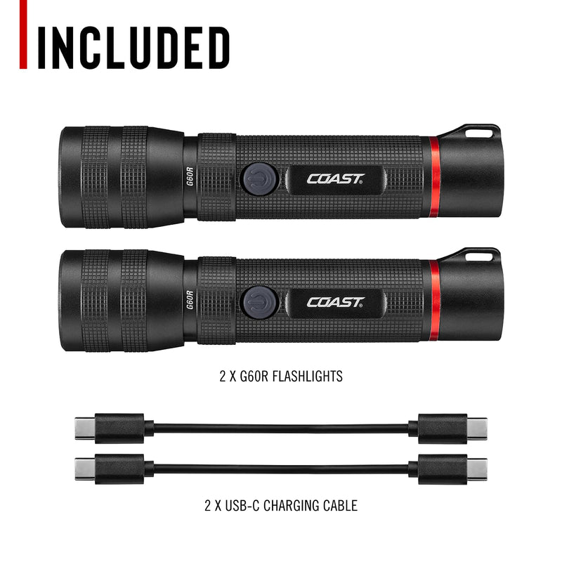 Coast G60R 1000 Lumen Waterproof Rechargeable LED Flashlight, 2-Pack