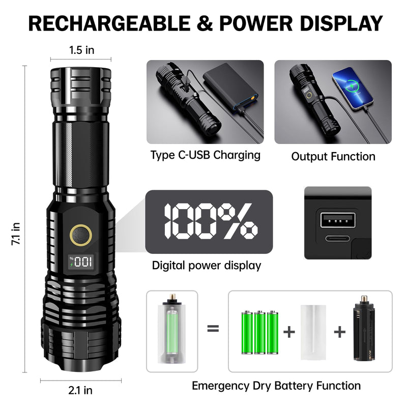 Flashlights High Lumens Rechargeable, 990000LM LED Super Bright Flash Light, Zoomable Linternas with LCD Digital Display, 5 Modes, Waterproof, Powerful Tactical Flashlight for Emergencies Camping Gift Black