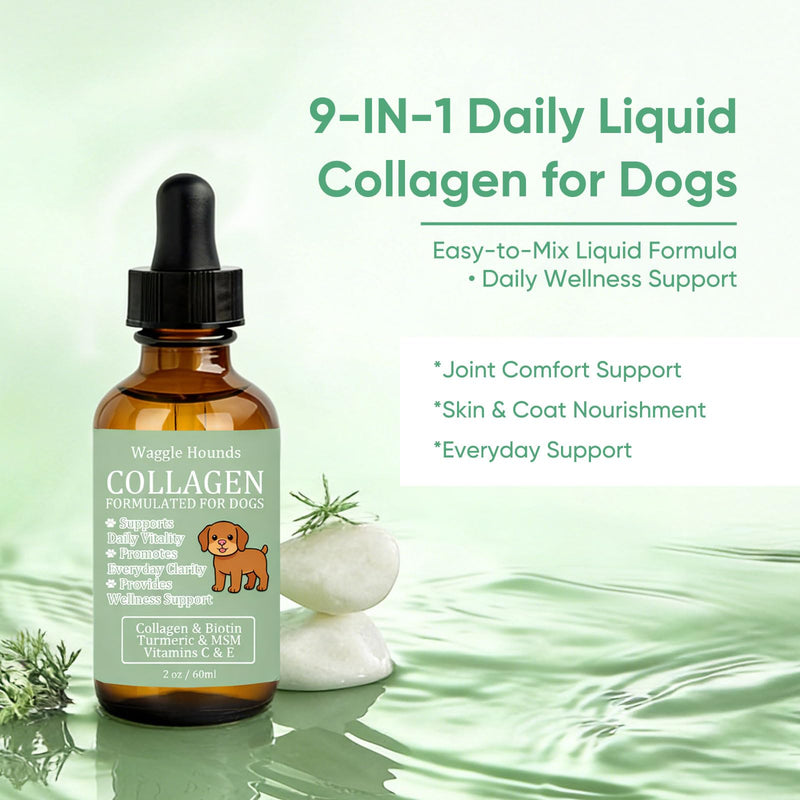 Waggle Hounds 9 in 1 Liquid Collagen for Dogs, Coat & Joint Support with Collagen, Hyaluronic Acid, Turmeric & Vitamins C & E for Everyday Care