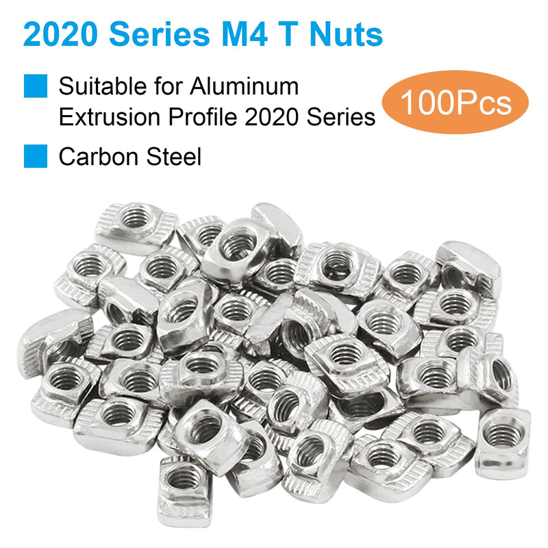 100Pcs 2020 Series T Nuts Carbon Steel,M4 T Slot Nut Hammer Head Fastener Nut Assortment for Aluminum Profile 100 20S-M4