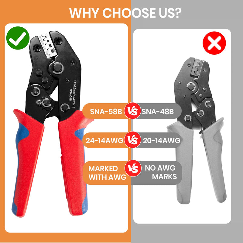 Wire Crimping Tool with Ratchet, Amliber Ratchet Wire Crimper Tool for Open Barrel Terminal Connectors, Electrical Crimping Tool for Molex Style Deutsch DELPHI AMP JST TYCO Terminals, 24-14 AWG