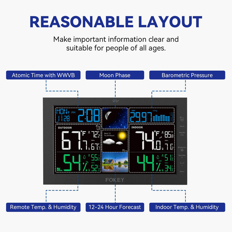 Weather Station Wireless Indoor Outdoor, Indoor Outdoor Thermometer Wireless, Home Atomic Clock Weather Stations, Temperature Humidity Barometer Inside Outside Thermometers, Black with 1 Sensor