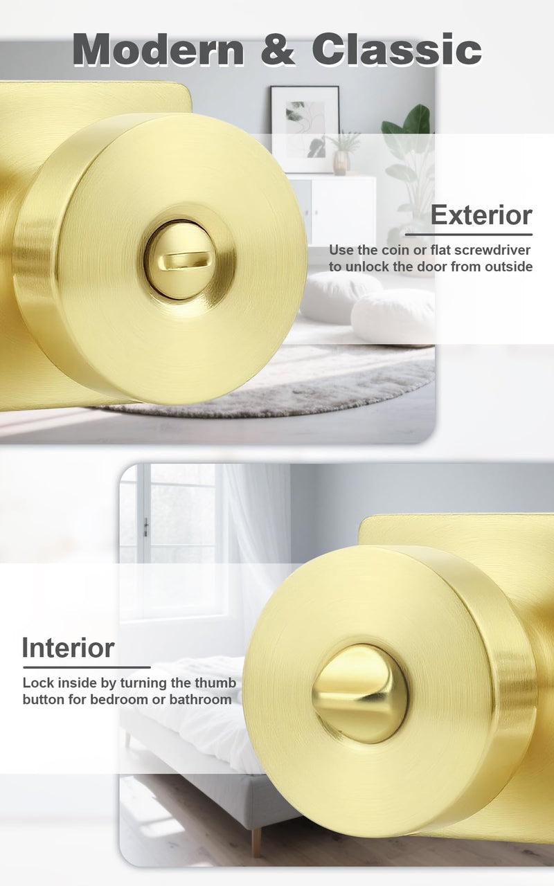 Probrico Bedroom Door Knob Brushed Gold Finish, 2 Pack Standard Size Interior Door Handles with Privacy Locking Function, Square Panel Knob for Bathroom