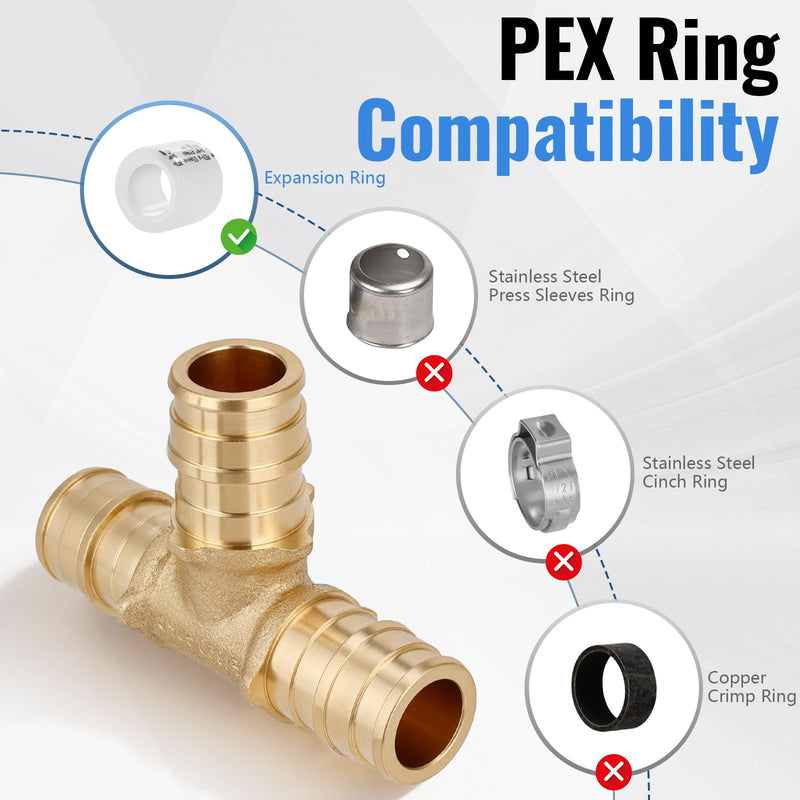 (10-Pack YVSKM) 1/2" PEX-A Tee Expansion Fitting, Lead-Free Brass Full Flow Connector, ASTM F1960 & cUPC Certified for Residential Hot & Cold Water and Radiant Heating Systems 1/2 Inch 10-Pack