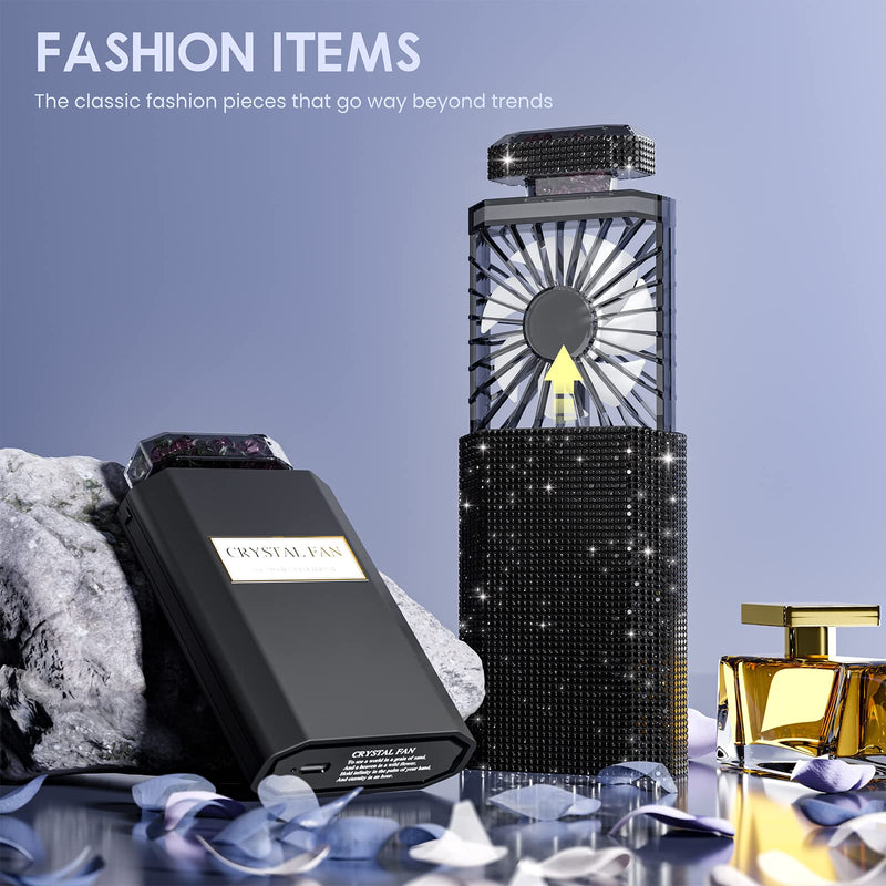 LIGHTDESIRE DIY Bling Crystal Rhinestones Handheld Fan, Mini Personal Fan, Cooling Small Fan Rechargeable 3 Speeds Mode with Crystal Rhinestones Sticker Sheet(Black Fan with DIY Diamon) Black