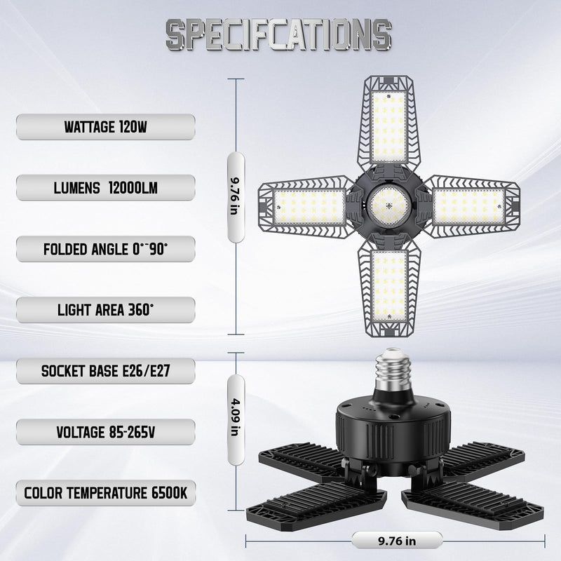 Garage Light 2 Pack 120W, 12000LM Garage Lights Ceiling LED with 4+1 Deformable Panels 6500K LED Garage Light, LED Shop Lights for Workshop, Garage, Basement Support E26/E27 4+1 Panels