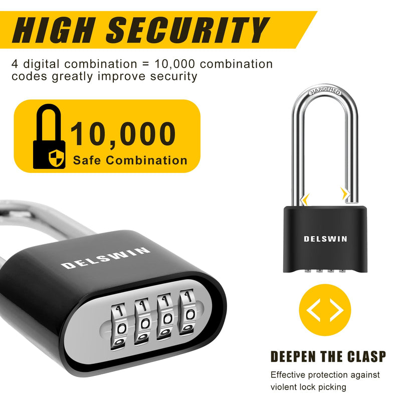 DELSWIN Combination Lock Outdoor Padlock - Weatherproof Extended 2-1/2 in. Long Shackle Combination Padlock for Gate, Shed, Trailers, and Sports Lockers(Black,2Pcs) Charcoal Black 2 Pieces