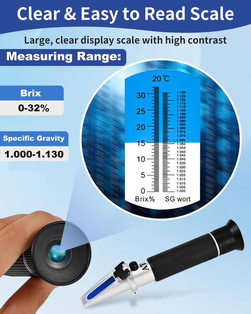 Brix Refractometer, Brix Meter Refractometer with ATC, Dual Scale Refractometer Brix 0-32% & Specific Gravity 1.000-1.130, Lab Refractometer for Wine Making, Beer Brewing, Fruit, Sugar Content - NewNest Australia