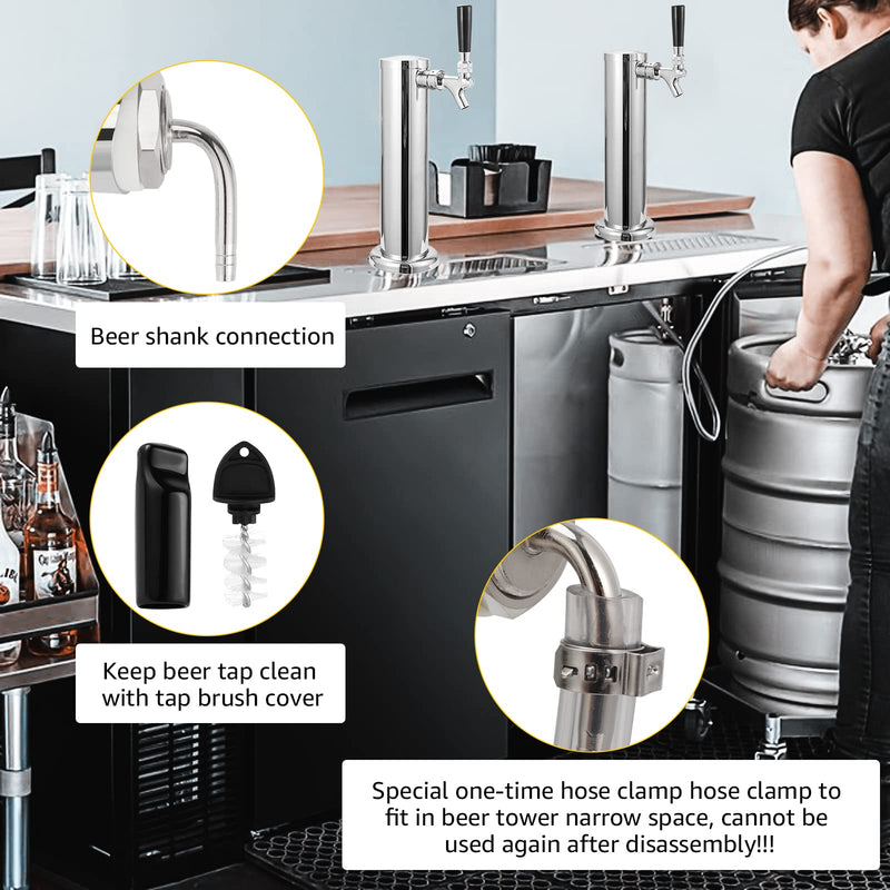 Draft Beer Shank Faucet, No Leak 1/4'' Beer Barb Fitting Stainless Core Beer Tap Self-Closing Spring Tap Wrench Hose Clamp Brewing Kegerator Tower Replacement Kit for 3/16'' Beer Line Tubing