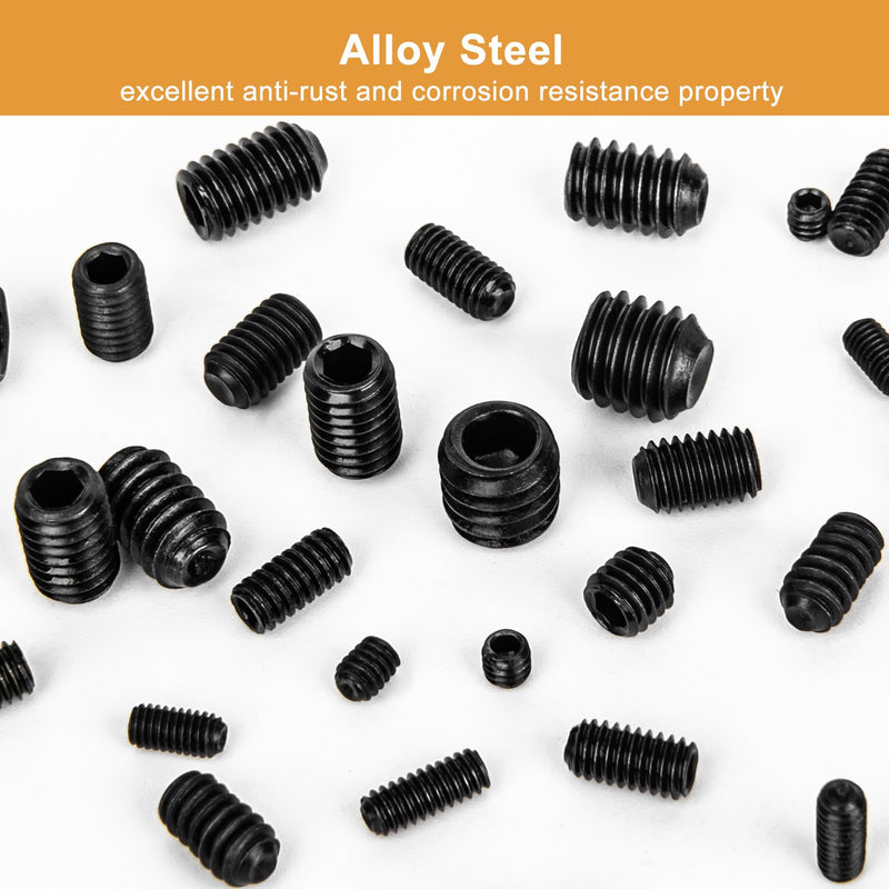 VIGRUE 1105PCS 25 Sizes Metric & SAE Set Screw Assortment Kit Internal Hex Drive Allen Grub Screws Set Cup-Point Alloy Steel, M3 to M8 and 1/8-40 to 5/16-18 Black