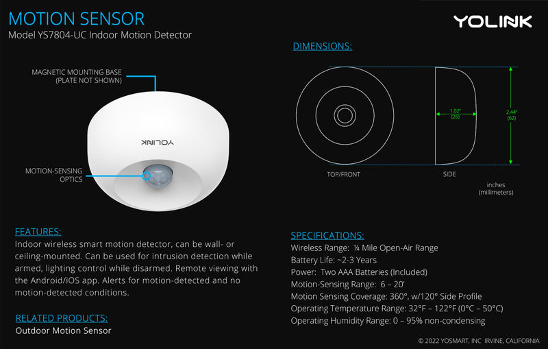 YoLink LoRa 1/4 Mile Wireless Range Smart Motion Detector, Indoor Motion Sensor, Motion Detector, Alexa, IFTTT, YoLink Hub Required Indoor without Hub