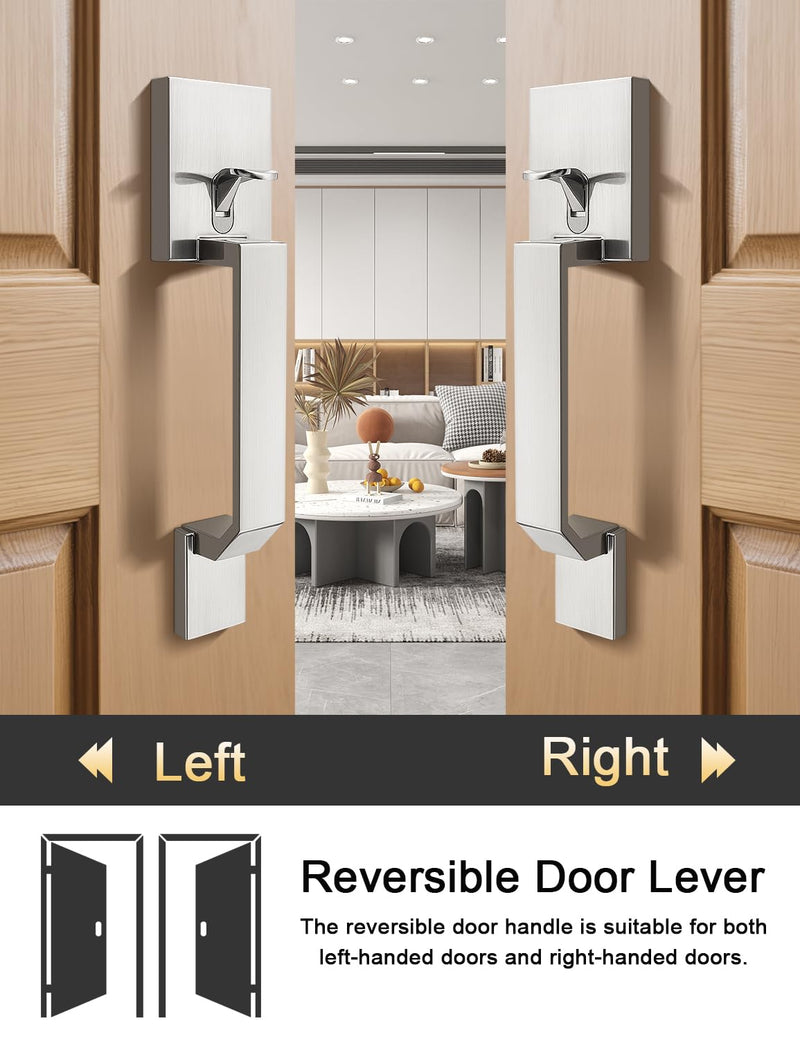 Square Brushed Nickel Front Door Handle with Classic Door Lever, Upgrated Exterior Door Entry Handle No Lock, Reversible for Left & Right Handed 1 Pack Satin Nickel