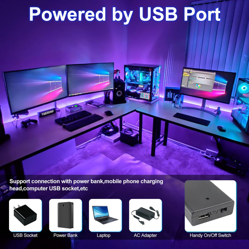 YGS-Tech 16.4FT UV Black Light LED Strip, 3528 385nm-400nm USB UV Light Strip, Non-Waterproof Blacklight Strip with Battery Box, for Fluorescent Dance Party Body Paint(2 Pack) Black Lights Strip