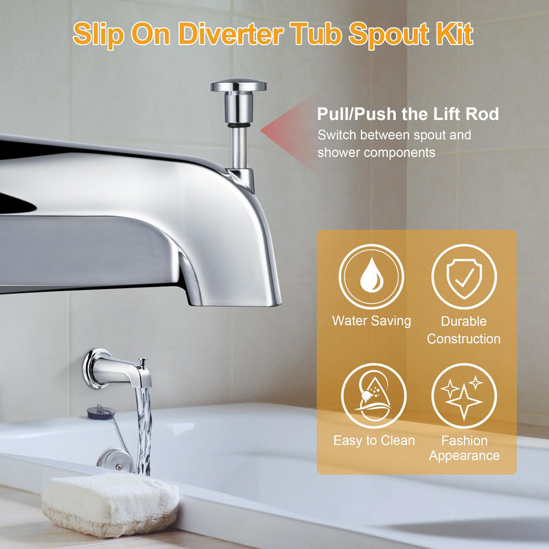 Dreyoo Slip On Diverter Tub Spout with Metal Cover Ring and Foam Gasket, Compatible with Kohler GP85556-CP, Bathroom Bathtub Faucet Set Replacement Fits 1/2'' Copper Water Tube (Polished Chrome) Polished Chrome