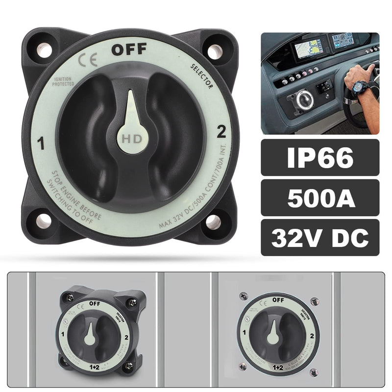 Acouto 500A Battery Disconnect Switch 3 Position Battery Power Cut Off Switch IP66 Waterproof Ignition for RV Boat Marine