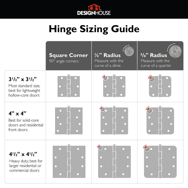 Design House 181412 Door Hinges for Interior Doors 5/8-inch Radius Steel Door Hinge Door Hardware, 3-1/2-inch x 3-1/2-inch, Satin Nickel, 3-Pack