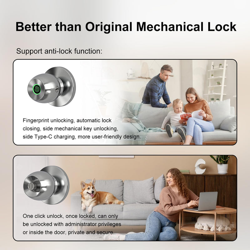 52HZ Smart Fingerprint Door Lock, 3 in 1 Finger Print Door Knob with Tuya App Control & Key, Auto Lock, Thumbprint Keyless Entry Door Lock for Front Door, Home, Apartment, Office, Satin Nickel