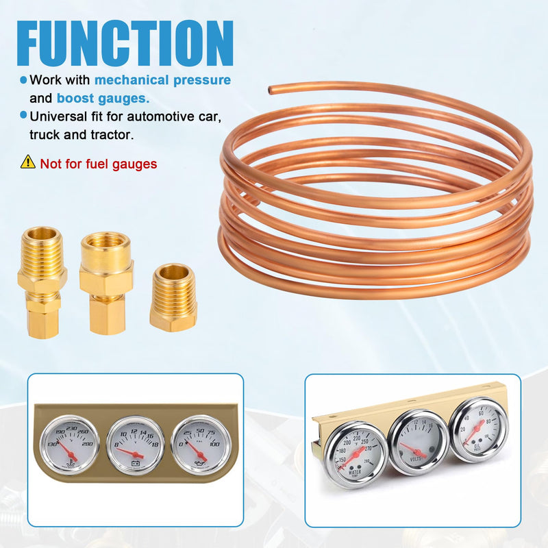 72'' Oil Pressure Gauge Tubing Kit, Set of Copper Tube with1/4'' x1/8'' NPT,1/8'' NPT Male x1/8'' OD and 1/8'' NPT Female x1/8'' OD Threaded Brass Parts 72'' Oil Pressure Gauge Tubing Kit