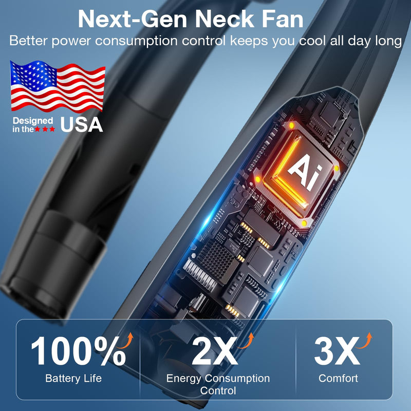 AI Neck Fan, 6 Speeds Adjustable Portable Personal Fan Rechargeable, Faster Cooling Wearable Fan, Ultra Quiet for Home, Office, Travel, Outdoor Black