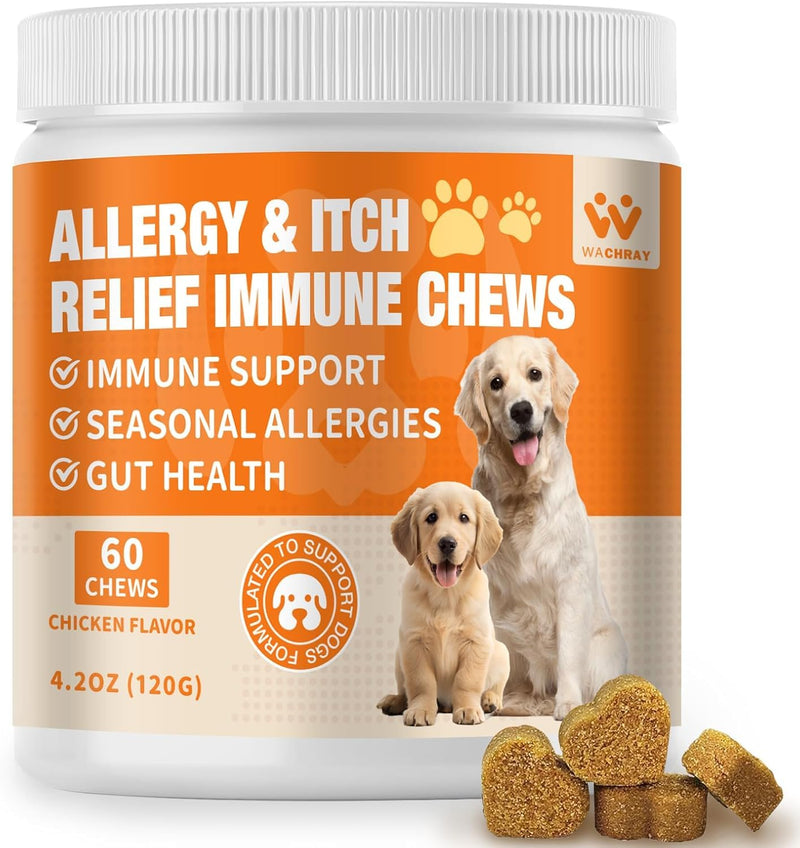 Dog Allergy Relief Chews - Advanced Dog Allergy Chews - Dоg Itching Skin Relief Treatment Pills with Probiotics - Immune Support & Skin Relief for Coat, Seasonal Allergies - 60 Treats Chicken 60 Count (Pack of 1)