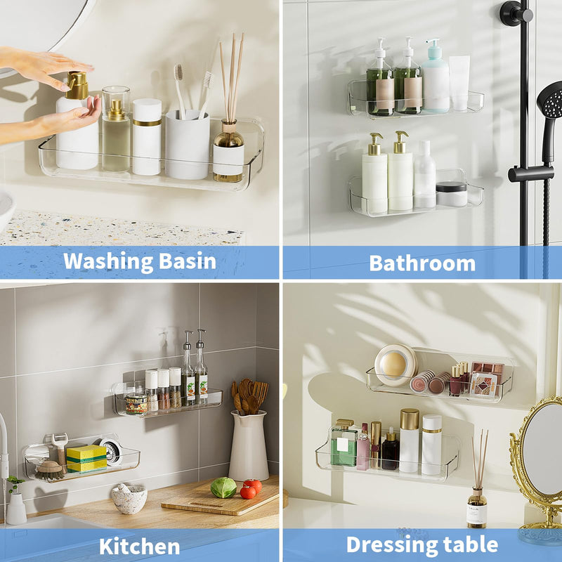 2pc Plastic Wall Mount Organizer, Adhesive Shelf, Bathroom Wall Organizers, Adhesive Bathroom Shelves, No Drilling Hang Walls, with Self Adhesive Tape, for Bathroom, Kitchen Clear