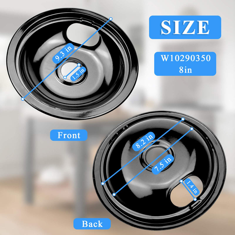 W10290350 W10290353 Burner Porcelain Drip Pans Set Replacement by APPLIANCEMATES Fits whirlpool Electric Range Stove Top Drip Bowls 4-Pack Includes 1 Large 8-Inch and 3 Small 6-Inch (Black)
