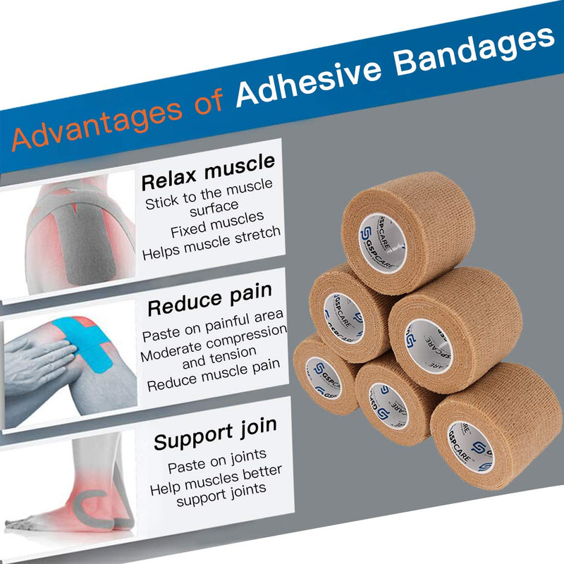 Self Adherent Cohesive Bandages Wrap 6 Count 2" x 5 Yards, Medical Tape, Adhesive Flexible Breathable First Aid Non Woven Rolls, Stretch Athletic, Ankle Sprains & Swelling, Sports Beige 6 Count (Pack of 1)
