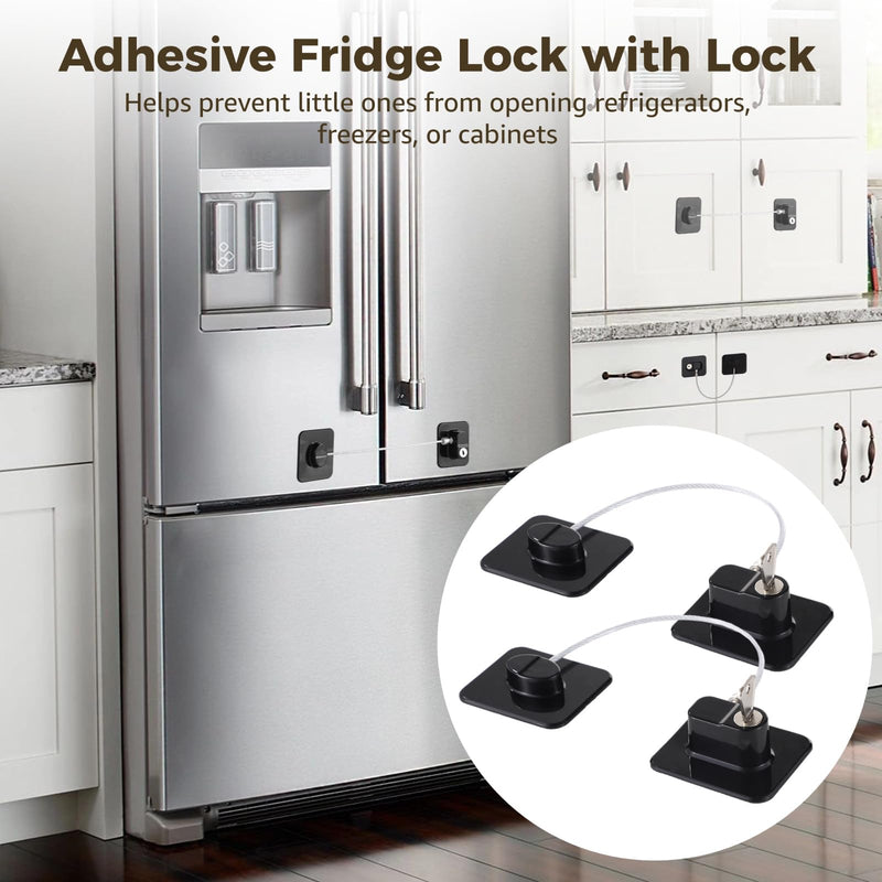 12 PCS Refrigerator Lock with 12 Keys, Adhesive Fridge Locks with Steel Wire, Safety Locks for Freezer, Cabinet, File Drawer, Closet, Kitchen Appliance, Furniture(Black Black