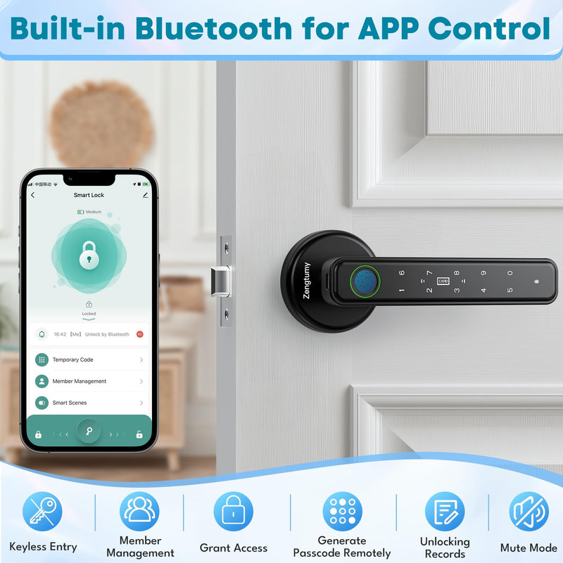 Fingerprint Door Lock, Door Locks for Bedrooms, Biometric Door Lock with Fingerprint/App/Password/Key/IC Card-Smart Door Lock for Home, Hotel, Office, Apartment 70-with app