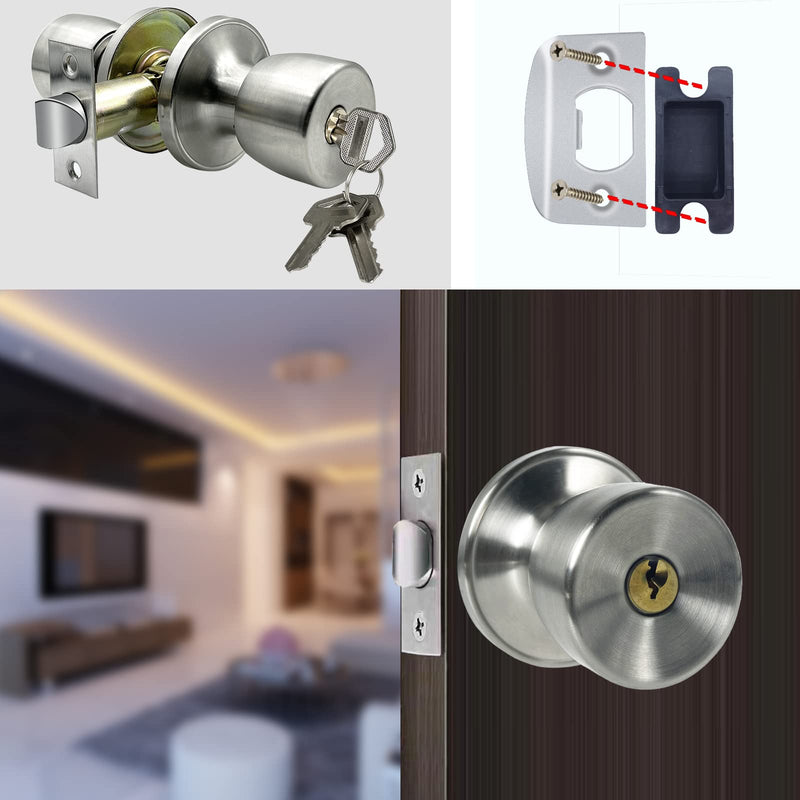 JO.KO Door Knob with Lock and Keyed, Satin Nickel Round Ball Lock Interior/Exterior Door Knob for Bedroom Or Bathroom (Stainless) 1 Piece Keyed Entry Satin Stainless