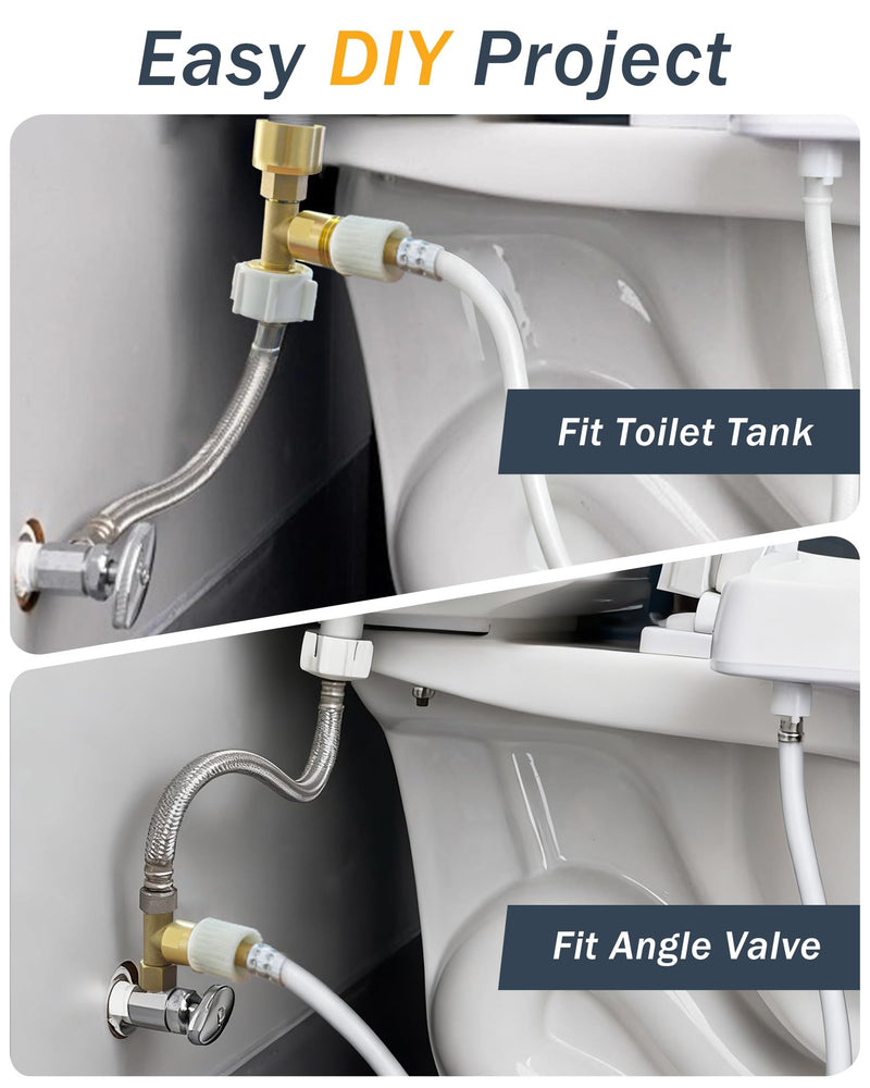 Universal Bidet T Adapter for Any Brand Bidet Hose, All-in-One Solution fit Toilet Tank Inlet or Angle Valve Outlet, 3/8"-7/8"-1/2", Brass Made