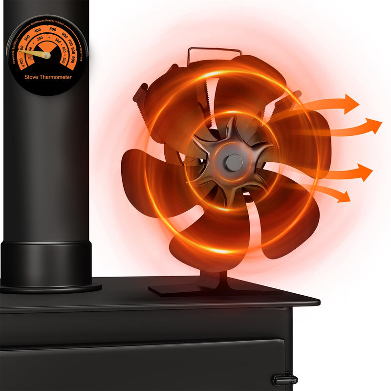 6 Blades Heat Powered Wood Stove Fan Fireplace Fan Non Electric for Wood Burning Stove/Pellet/Log, Heat Powered fan, Silent Operation, With Magnetic Thermometer, Black