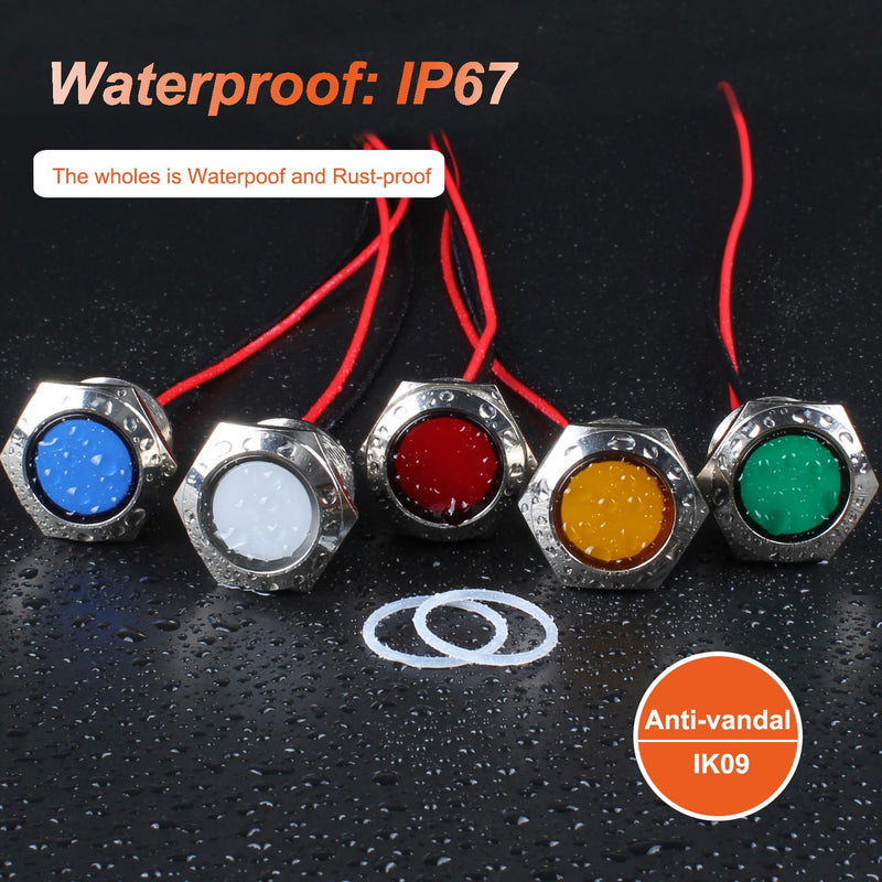 2PCS 22mm (7/8") LED Indicator Light, 12-24V AC/DC 20mA Energy Saving Metal Waterproof IP67 Single lamp LED Pilot Lamp Flat Head with 20cm/7.87in. Wire for Car Truck Boat(Green LED) Green 12-24V 22mm