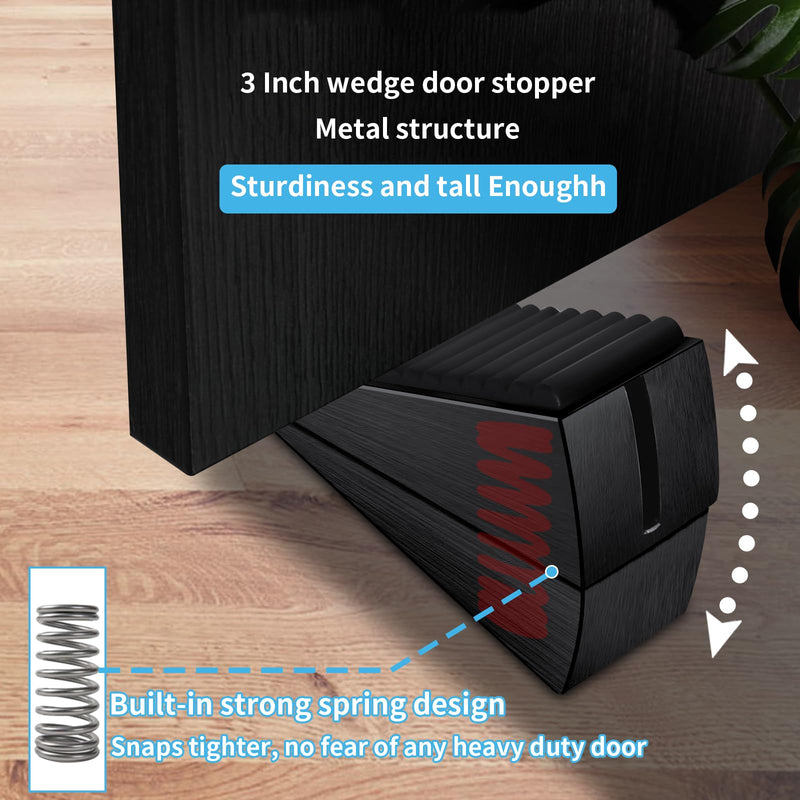 Strongest Adjustable Spring Loaded Large Door Stopper - Heavy Duty Tall Door Stop Wedge Door Stoppers for Bottom of Door, Tall up to 3 in Doorstop Stainless steels Made Suits Any Heavy Door 1 Pack Black