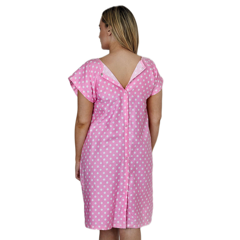 Hospital Gown for Women Labor & Delivery, 100% Cotton Easy Snap Back Closure, Shoulder Snap Polkadot Patient Gown Small-Medium Pink