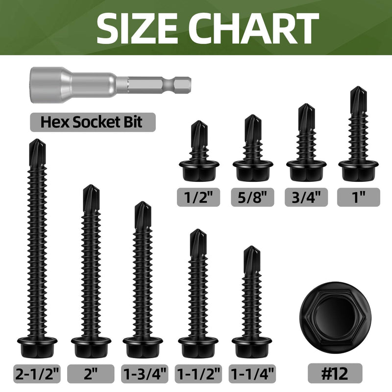100 PCS #12 x 1 Sheet Metal Screws, Black Hex Washer Head Self Drilling Screw, Flanged Hex Self Tapping Screws, 410 Stainless Steel, Hex Bit Socket Included #12 x 1"