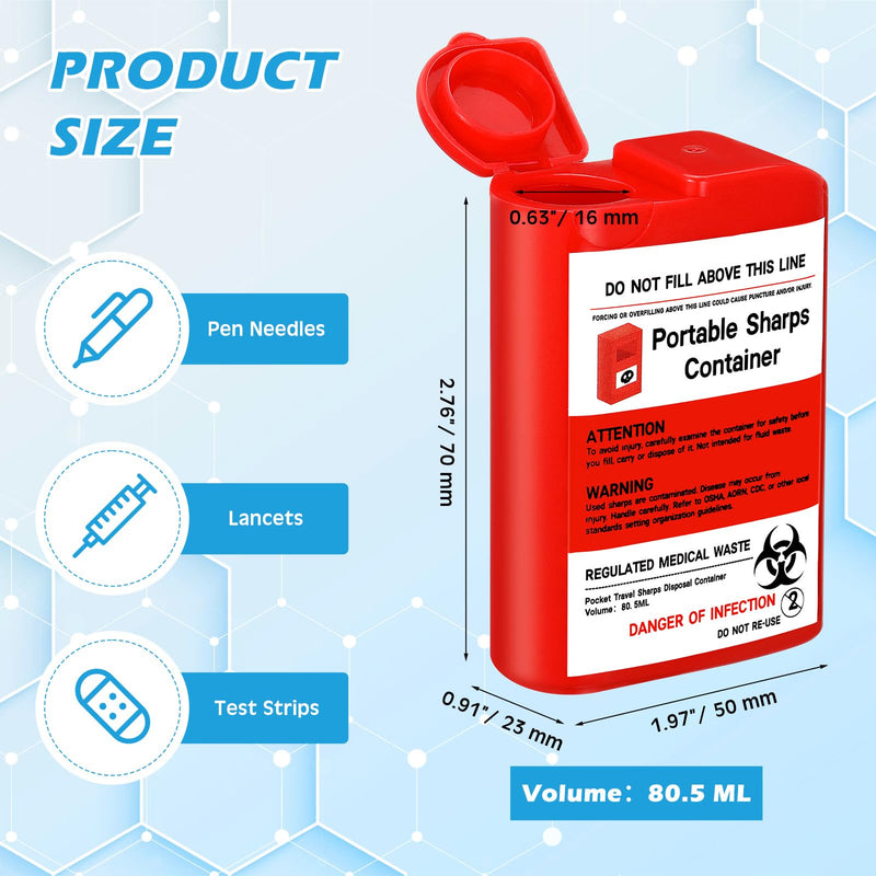 Baderke 3 Pcs Pocket Travel Sharps Disposal Container, 80ml Sharps Container Small Needle Disposal Portable Biohazard Syringe Container for Home Travel Diabetic Supplies Red