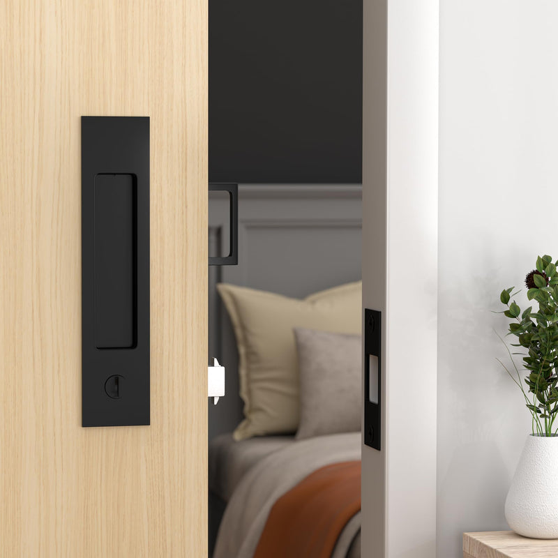 Dontay Pocket Door Hardware with Lock Privacy,Recess Edge Pull,Matte Black Matte Black Privacy Lock 1