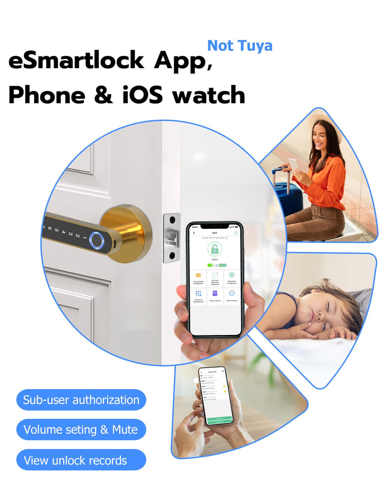 Fingerprint Handle Door Lock Smart Door Lock Levers eLinkSmart Digital Keyless Entry Door Knob Watch App Open Knob Lock for Bedroom Gold