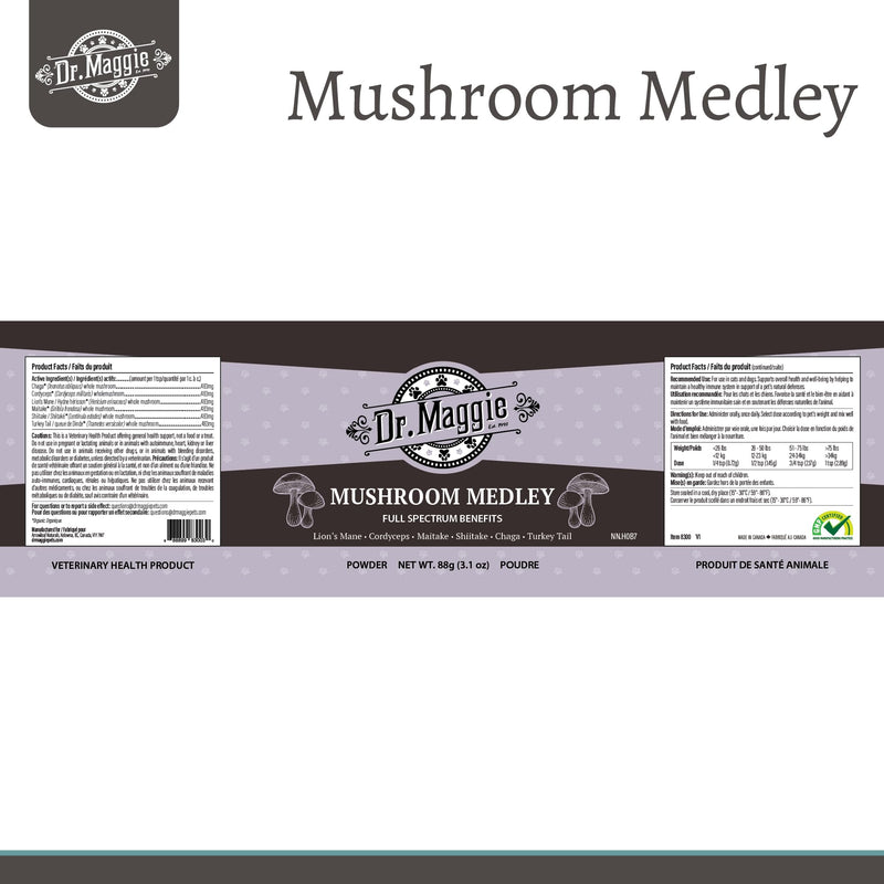 Dr. Maggie Mushroom Medley | Organic Mushroom Powder with Cordyceps Maitake Shiitake Chaga Turkey Tail and Lions Mane for Dogs and Cats | 88g