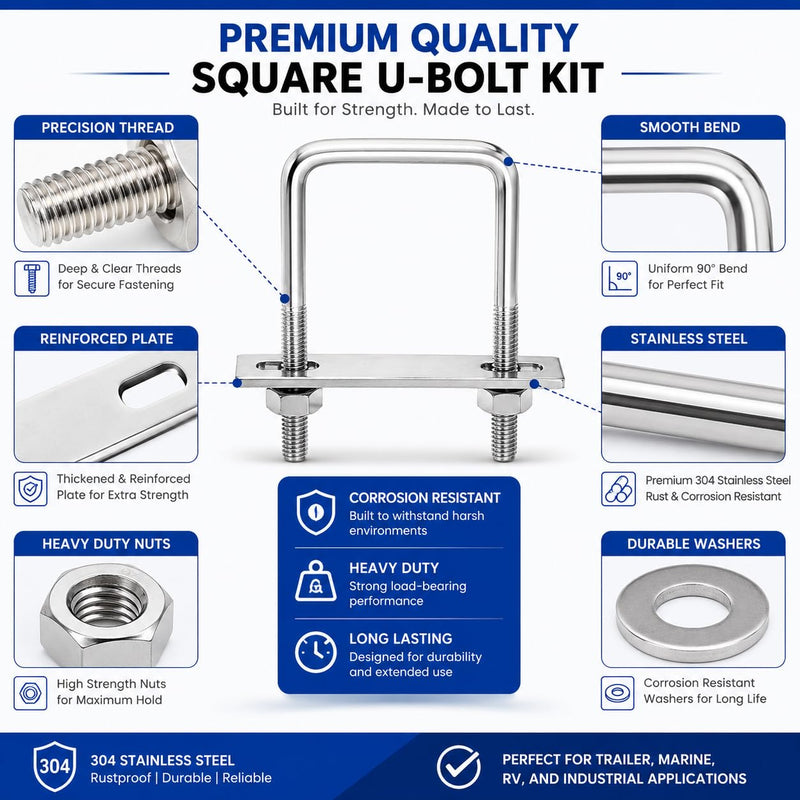 6Pack Square U-Bolts 2-1/2" Stainless Steel with Plates Nuts Flat Washers M10 Round for Car, RV, Trailer, Bumper, Boat