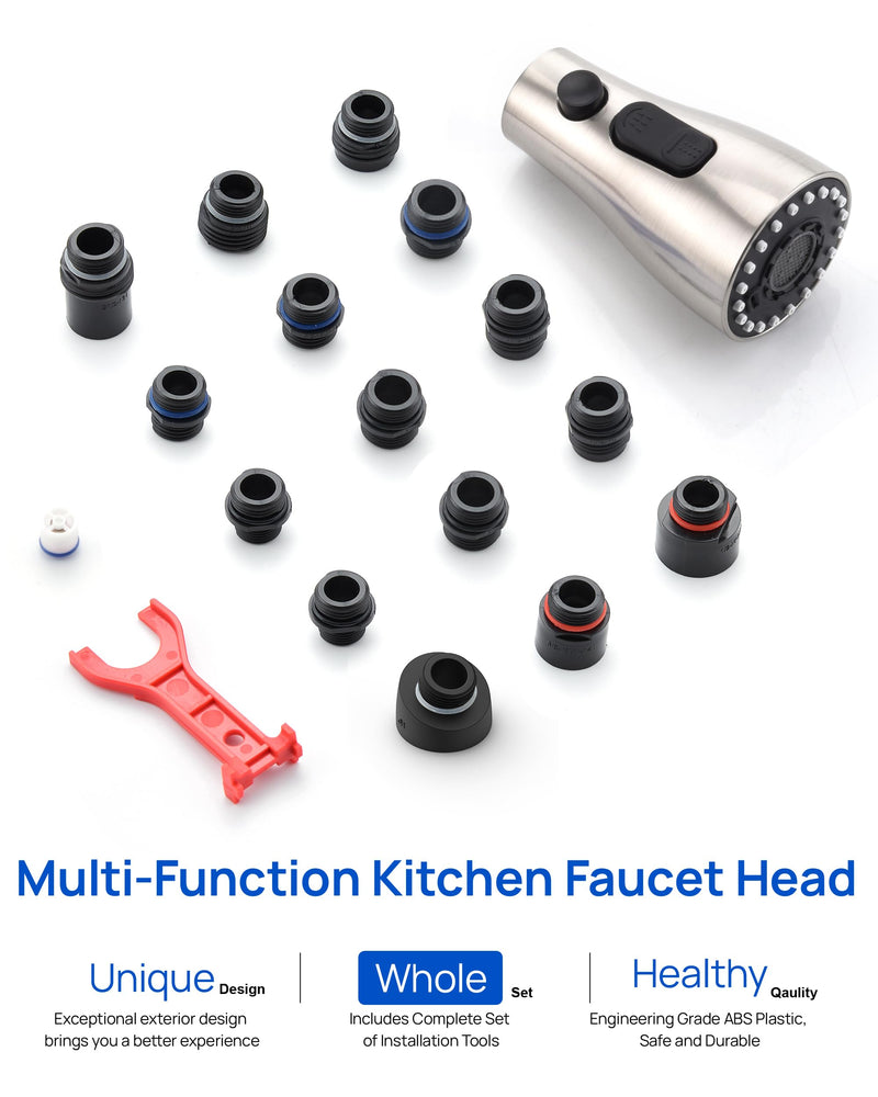 J-HVA Pull Down Kitchen Faucet Sprayer Head Replacement Part with 15 Adapters, 3 Function Pull Out Sink Sprayer Replacement Nozzle, Kitchen Faucet Head Hose Spray Tap Spout, Brushed Nickel