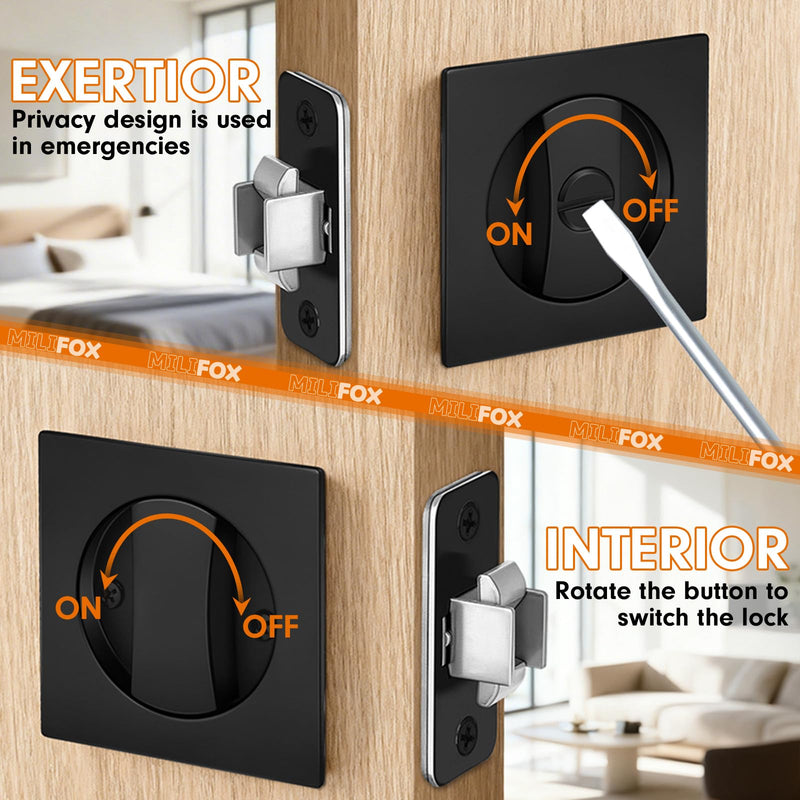 Pocket Door Lock, Pocket Door Hardware, Matte Black Privacy Lock with Edge Pulls for Bath, Bed, Kitchen, Fits 1-7/32” to 2” Thickness Door, 2-3/8" Backset