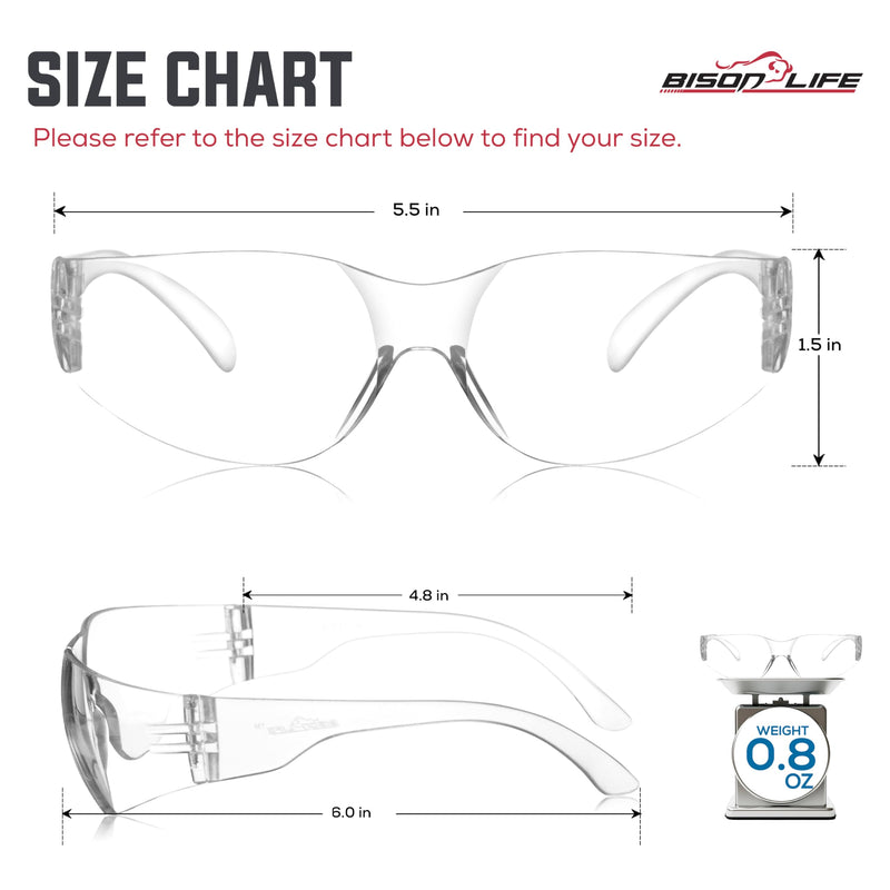 BISON LIFE Safety Glasses - Scratch Resistant Wrap Around Eyewear, Polycarbonate ANSI Z87.1 Impact Resistant Lens Clear/Clear 12