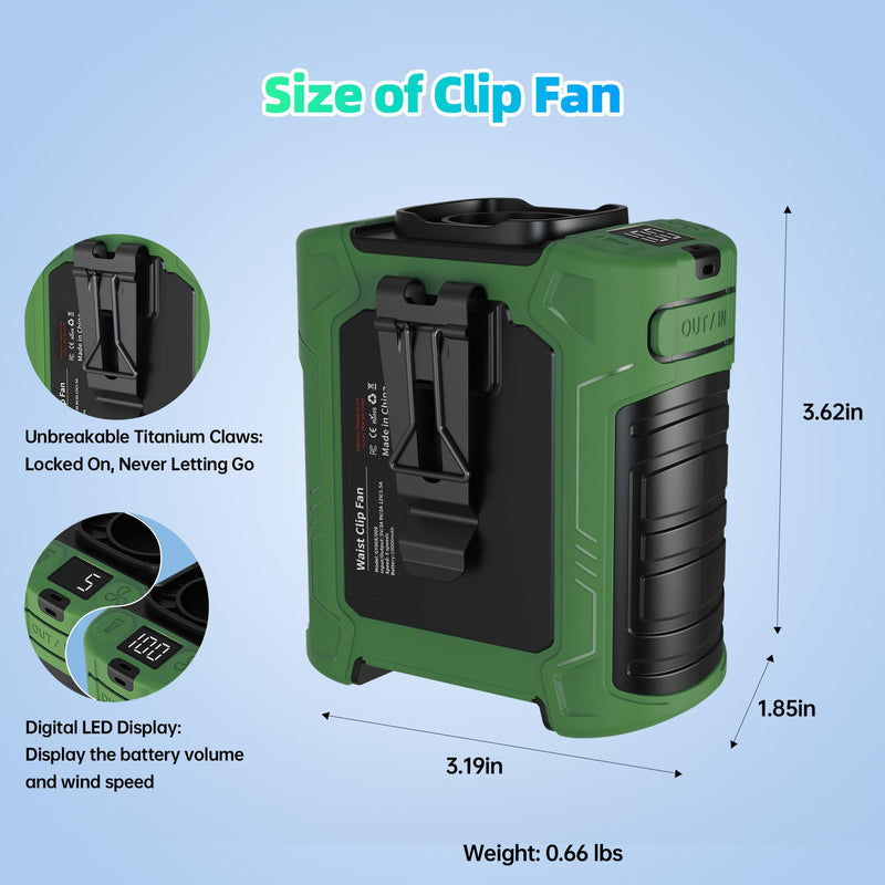 AMKEN Waist Fan, 10000mAh Rechargeable Personal Fan, 8-in-1 Cooling Device, Up to 35H, 6 Speeds, 18500RPM, 59ft/s Strong Airflow, LED SOS & Red-Blue Warning Light, Workers Fan for Jobsite, Outdoor Army Green