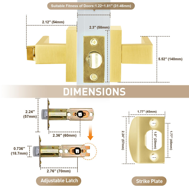 2 Pack Golden Polished Brass Door Lever with Lock and Different Keys,Unlock New Home Style，Reversible for Bedroom, Bathroom & Front Door 2 Pack